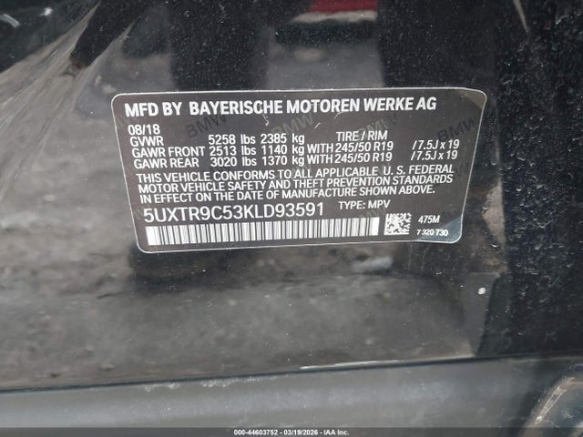 Продаж на аукціоні авто 2019 Bmw X3 Xdrive30i, vin: 5UXTR9C53KLD93591, номер лоту: 44603752