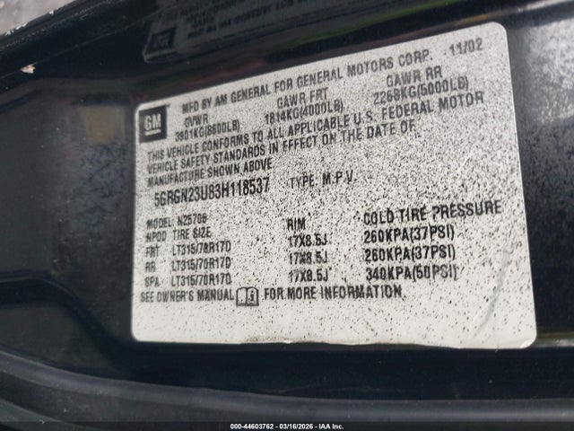 2003 HUMMER H2 5GRGN23U83H118537 Photo 8