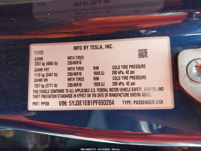 Продаж на аукціоні авто 2023 Tesla Model 3 Long Range Dual Motor All-wheel Drive, vin: 5YJ3E1EB1PF693204, номер лоту: 44603772