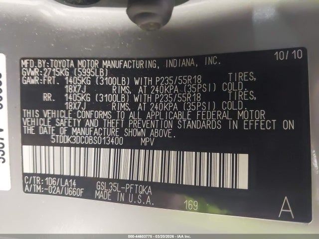 44603775 :رقم المزاد ، 5TDDK3DC0BS013400 vin ، 2011 Toyota Sienna Limited مزاد بيع