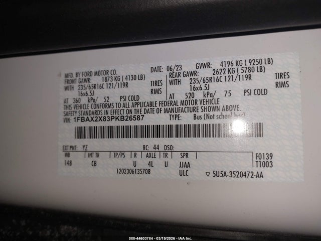Aukcja sprzedaży 2023 Ford Transit-350 Passenger Van Xl, vin: 1FBAX2X83PKB26587, numer aukcji: 44603784
