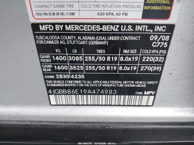 Aukcja sprzedaży 2009 Mercedes-benz Ml 350 4matic, vin: 4JGBB86E19A474983, numer aukcji: 44603787