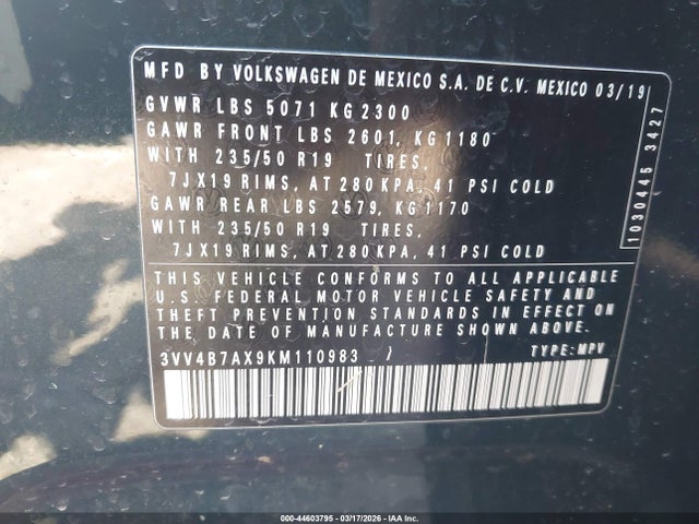 Aukcja sprzedaży 2019 Volkswagen Tiguan 2.0t Sel Premium/2.0t Sel Premium R-line, vin: 3VV4B7AX9KM110983, numer aukcji: 44603795