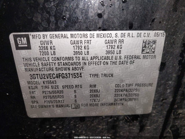 44603813 :رقم المزاد ، 3GTU2VEC4FG371534 vin ، 2015 Gmc Sierra 1500 Slt مزاد بيع