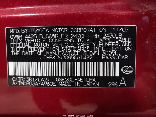 44603819 :رقم المزاد ، JTHBK262085061482 vin ، 2008 Lexus Is 250 مزاد بيع