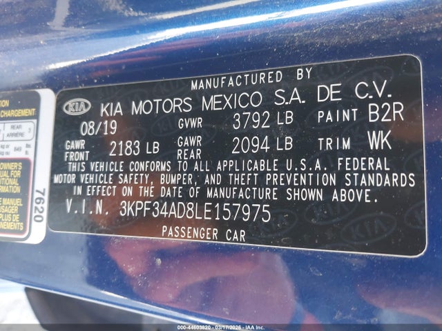 2020 Kia Forte Gt-line მანქანა იყიდება აუქციონზე, vin: 3KPF34AD8LE157975, აუქციონის ნომერი: 44603820