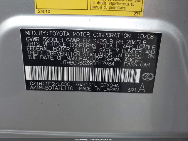 44603837 :رقم المزاد ، JTHBC96S395017984 vin ، 2009 Lexus Gs 450h مزاد بيع