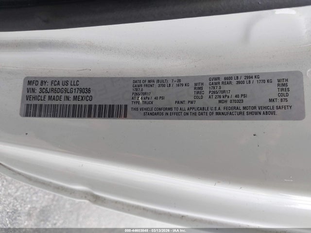 2020 Ram 1500 Classic Tradesman  4x2 8' Box მანქანა იყიდება აუქციონზე, vin: 3C6JR6DG9LG179036, აუქციონის ნომერი: 44603848