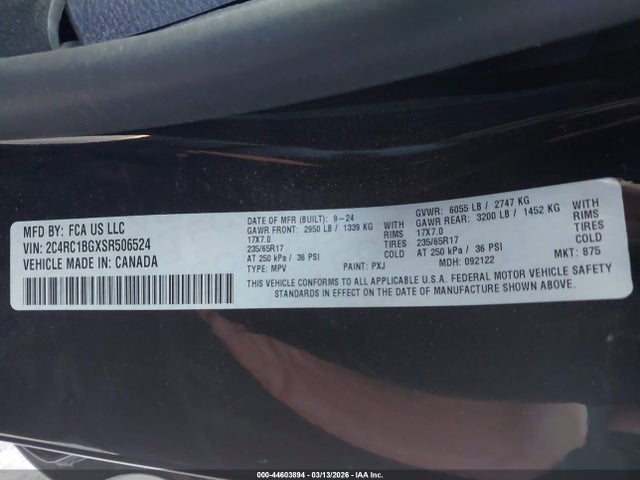 Aukcja sprzedaży 2025 Chrysler Pacifica Select, vin: 2C4RC1BGXSR506524, numer aukcji: 44603894