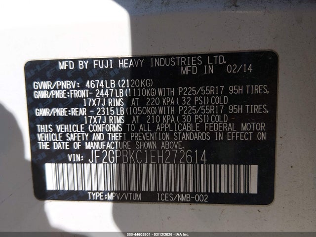 44603901 :رقم المزاد ، JF2GPBKC1EH272614 vin ، 2014 Subaru Xv Crosstrek Hybrid 2.0i Touring مزاد بيع
