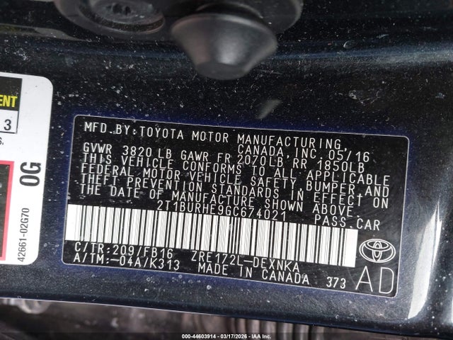 44603914 :رقم المزاد ، 2T1BURHE9GC674021 vin ، 2016 Toyota Corolla Le مزاد بيع
