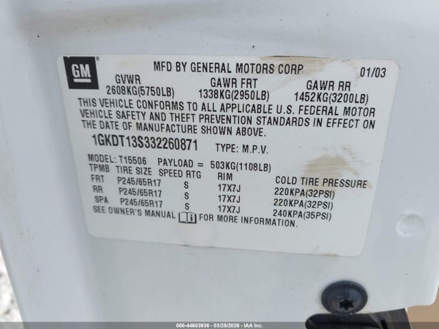 2003 Gmc Envoy Sle მანქანა იყიდება აუქციონზე, vin: 1GKDT13S332260871, აუქციონის ნომერი: 44603936