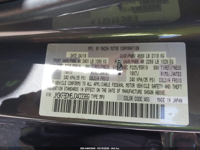 44603946 :رقم المزاد ، JM3KFBDM6J0403389 vin ، 2018 Mazda Cx-5 Grand Touring مزاد بيع