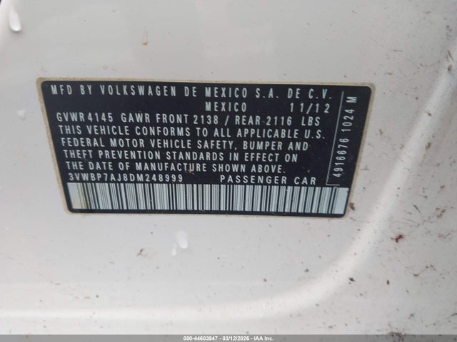 Aukcja sprzedaży 2013 Volkswagen Jetta 2.5l Se, vin: 3VWBP7AJ8DM248999, numer aukcji: 44603947