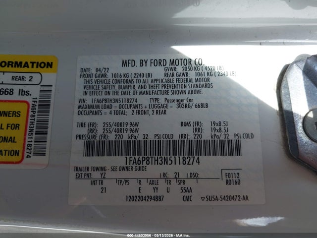 Продаж на аукціоні авто 2022 Ford Mustang Ecoboost Fastback, vin: 1FA6P8TH3N5118274, номер лоту: 44603956