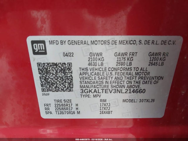 44603979 :رقم المزاد ، 3GKALTEV3NL214660 vin ، 2022 Gmc Terrain Awd Sle مزاد بيع