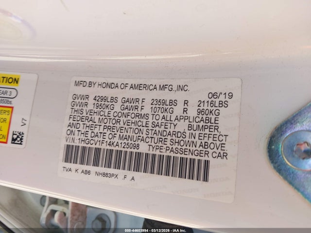 Honda ACCORD LX 2019 1HGCV1F14KA125098 Image 9