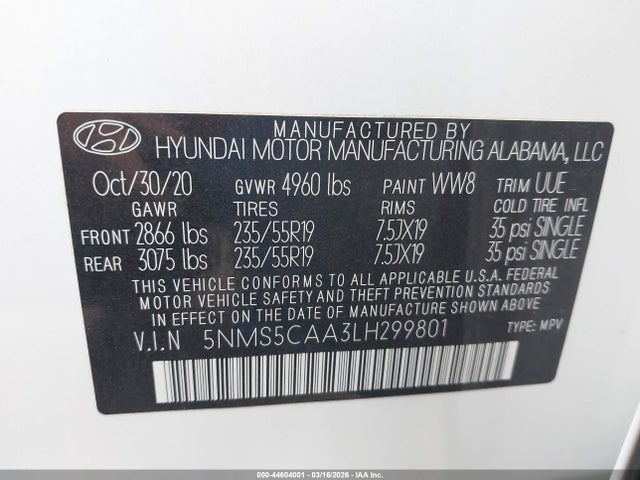 Продажа на аукционе авто 2020 Hyundai Santa Fe Limited 2.0t, vin: 5NMS5CAA3LH299801, номер лота: 44604001