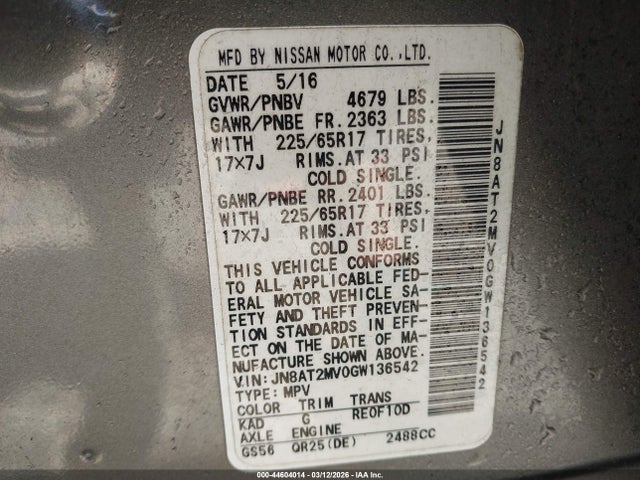 Aukcja sprzedaży 2016 Nissan Rogue S, vin: JN8AT2MV0GW136542, numer aukcji: 44604014