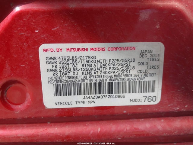 Aukcja sprzedaży 2015 Mitsubishi Outlander Se, vin: JA4AZ3A37FZ010866, numer aukcji: 44604029
