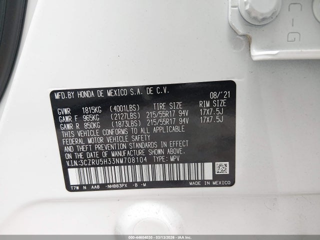 44604030 :رقم المزاد ، 3CZRU5H33NM708104 vin ، 2022 Honda Hr-v 2wd Lx مزاد بيع
