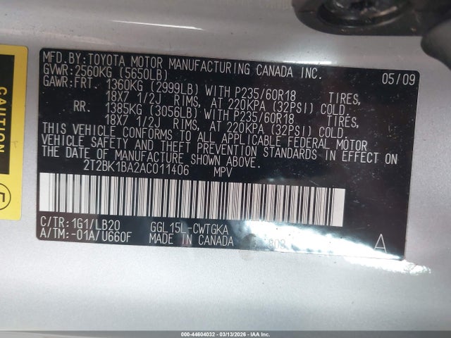 44604032 :رقم المزاد ، 2T2BK1BA2AC011406 vin ، 2010 Lexus Rx 350 مزاد بيع