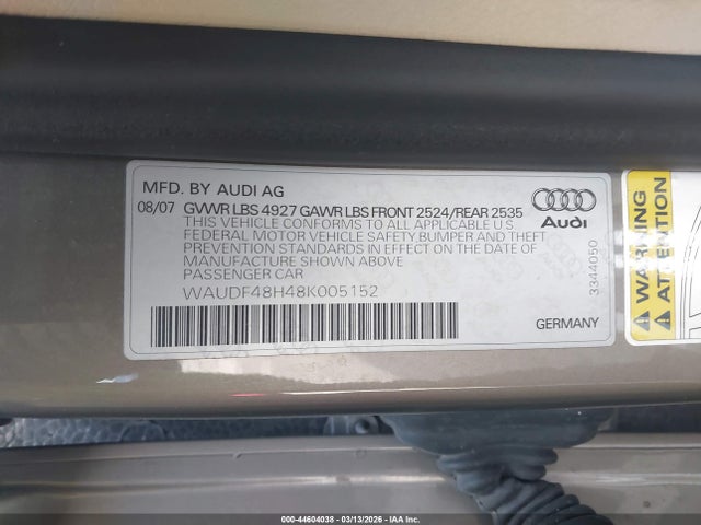 2008 AUDI A4 WAUDF48H48K005152 Photo 8