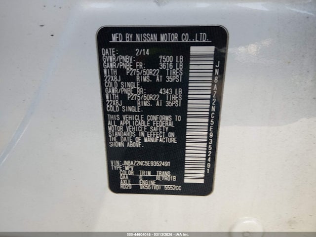 Aukcja sprzedaży 2014 Infiniti Qx80, vin: JN8AZ2NC5E9352491, numer aukcji: 44604046