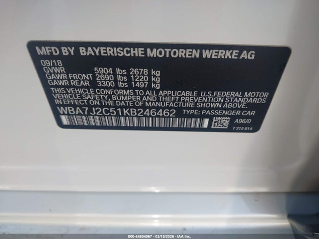 2019 Bmw 740e Xdrive Iperformance მანქანა იყიდება აუქციონზე, vin: WBA7J2C51KB246462, აუქციონის ნომერი: 44604067