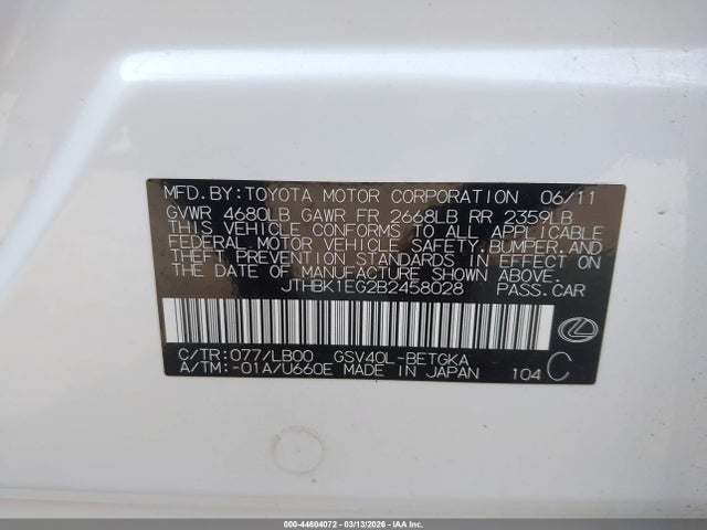 Aukcja sprzedaży 2011 Lexus Es 350, vin: JTHBK1EG2B2458028, numer aukcji: 44604072