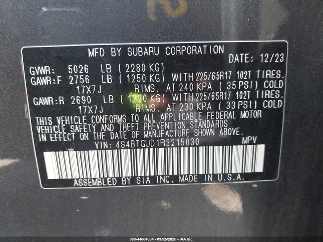 Aukcja sprzedaży 2024 Subaru Outback Wilderness, vin: 4S4BTGUD1R3215030, numer aukcji: 44604084