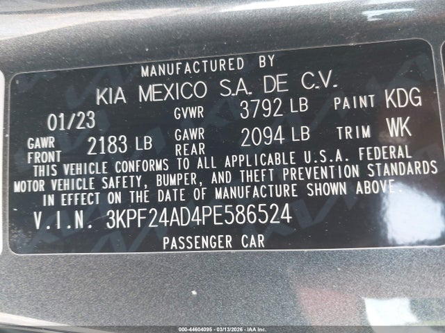 44604095 :رقم المزاد ، 3KPF24AD4PE586524 vin ، 2023 Kia Forte Lxs مزاد بيع