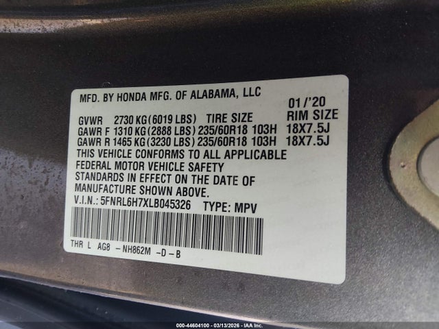 2020 Honda Odyssey Ex-l/ex-l W/navi   Res მანქანა იყიდება აუქციონზე, vin: 5FNRL6H7XLB045326, აუქციონის ნომერი: 44604100