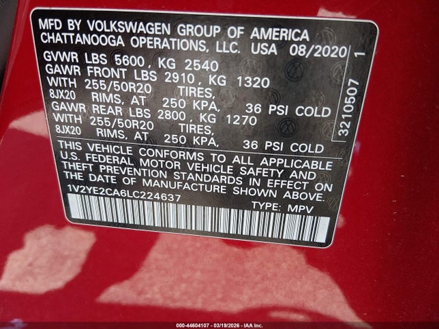 Aukcja sprzedaży 2020 Volkswagen Atlas Cross Sport 3.6l V6 Se W/technology/3.6l V6 Se W/technology R-line, vin: 1V2YE2CA6LC224637, numer aukcji: 44604107