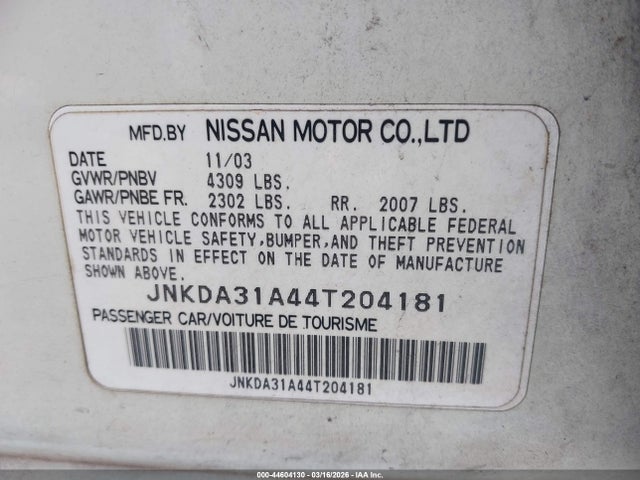 Aukcja sprzedaży 2004 Infiniti I35 Luxury, vin: JNKDA31A44T204181, numer aukcji: 44604130