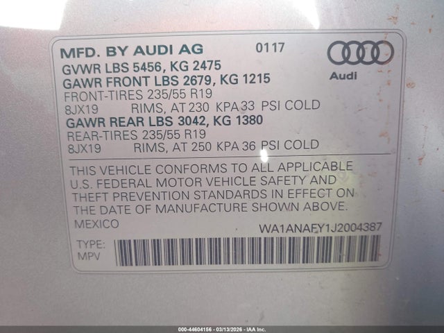 Продаж на аукціоні авто 2018 Audi Q5 2.0t Premium/2.0t Tech Premium, vin: WA1ANAFY1J2004387, номер лоту: 44604156