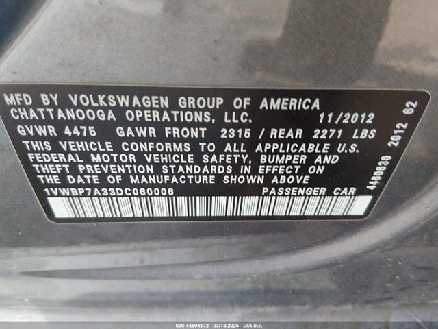 Aukcja sprzedaży 2013 Volkswagen Passat 2.5l Se, vin: 1VWBP7A33DC060006, numer aukcji: 44604172