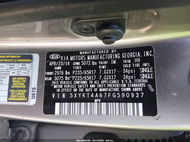 Продаж на аукціоні авто 2015 Kia Sorento Lx, vin: 5XYKT4A67FG590937, номер лоту: 44604183