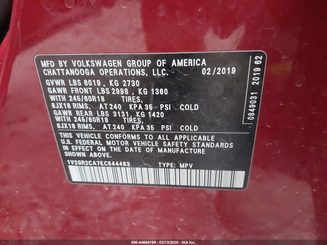 2019 Volkswagen Atlas 3.6l V6 S მანქანა იყიდება აუქციონზე, vin: 1V2GR2CA7KC544483, აუქციონის ნომერი: 44604199