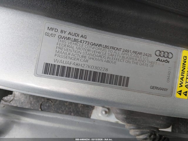 Продаж на аукціоні авто 2007 Audi A4 2.0t, vin: WAUAF48H27K030228, номер лоту: 44604234