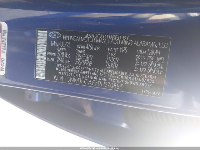 44604247 :رقم المزاد ، 5NMJFCAE7PH270853 vin ، 2023 Hyundai Tucson Sel مزاد بيع