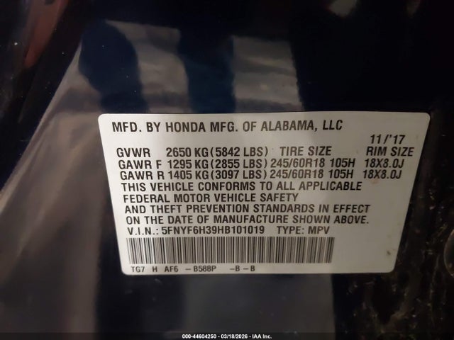 Honda Pilot Ex 2017 5FNYF6H39HB101019 Image 9