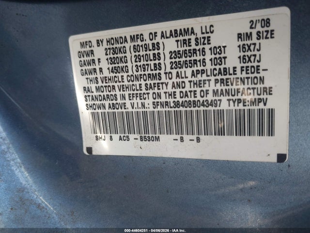 Продажа на аукционе авто 2008 Honda Odyssey Ex, vin: 5FNRL38408B043497, номер лота: 44604251