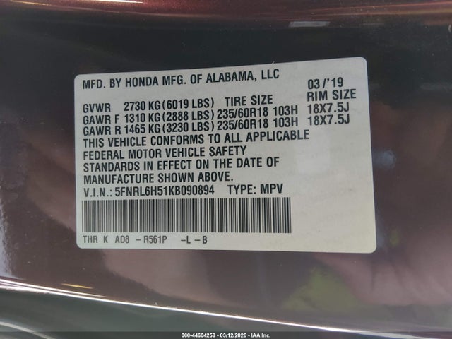5FNRL6H51KB090894 Honda ODYSSEY EX