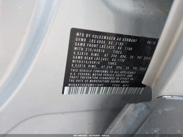 2015 Volkswagen Tiguan S მანქანა იყიდება აუქციონზე, vin: WVGAV7AX8FW611597, აუქციონის ნომერი: 44604263