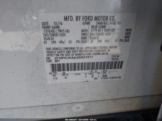 44604277 :رقم المزاد ، 2FMPK3K84GBB91911 vin ، 2016 Ford Edge Titanium مزاد بيع