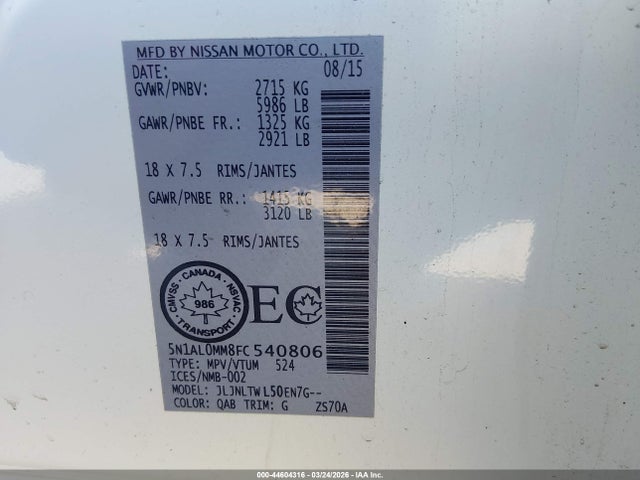 Продажа на аукционе авто 2015 Infiniti Qx60, vin: 5N1AL0MM8FC540806, номер лота: 44604316