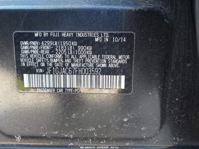 Aukcja sprzedaży 2015 Subaru Impreza 2.0i Premium, vin: JF1GJAC67FH003592, numer aukcji: 44604319