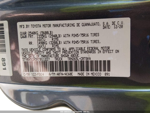 Aukcja sprzedaży 2021 Toyota Tacoma Sr, vin: 3TYRX5GN3MT011227, numer aukcji: 44604331