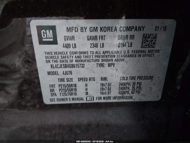44604340 :رقم المزاد ، KL4CJESB4GB615732 vin ، 2016 Buick Encore مزاد بيع